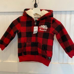 Toddler Roots Sherpa Lined Red Buffalo Plaid Full Zip Hoodie Size 4T New